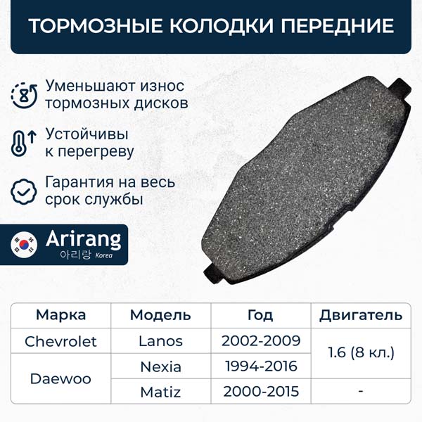 Колодки тормозные дисковые 96316582/ARG28-1127 ARIRANG